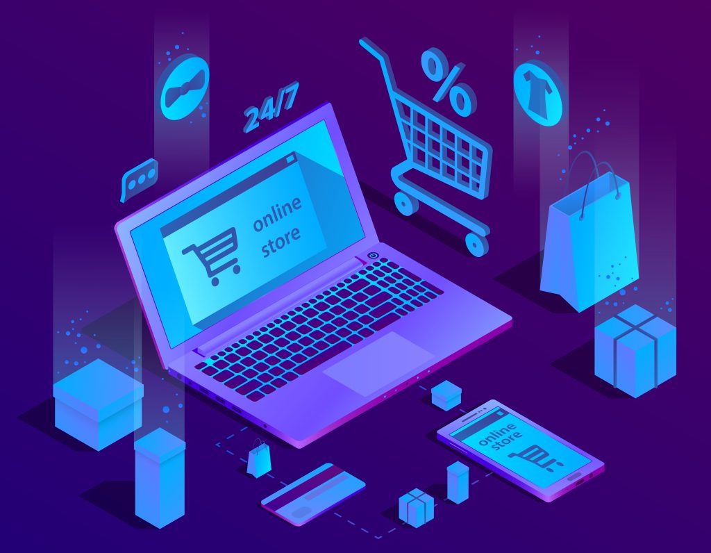 vector 3d isometric e commerce concept, online store